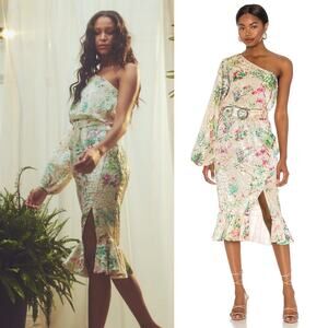 Hemant & Nandita Dress Size XSmall Zania Floral Velvet One Shoulder Belted Midi